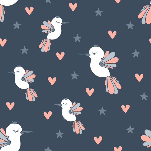 无缝矢量模式与爱的鸟和星星在蓝色的背景。可爱的梦幻动物墙纸设计，柔和的颜色。图片下载