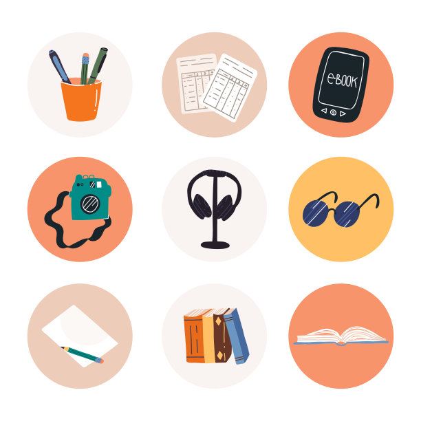 有趣的手绘爱好和学习亮点，贴纸，图标集。电子阅读器，各种纸质书，太阳镜，笔记本纸，铅笔，相机，铅笔和钢笔，音乐耳机支架等。图片下载