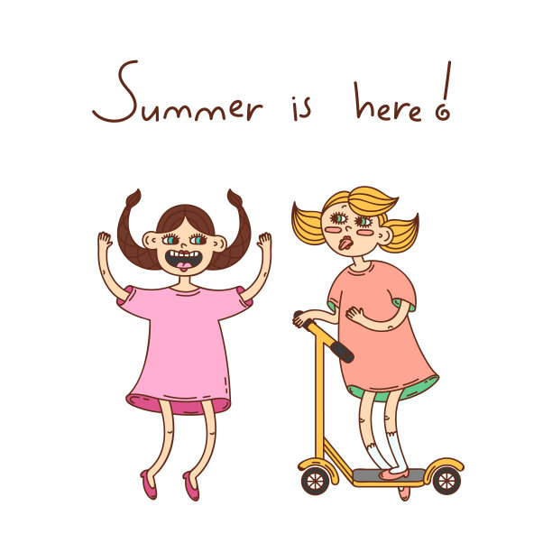 快乐的夏天女孩们玩得开心。卡通矢量图图片下载