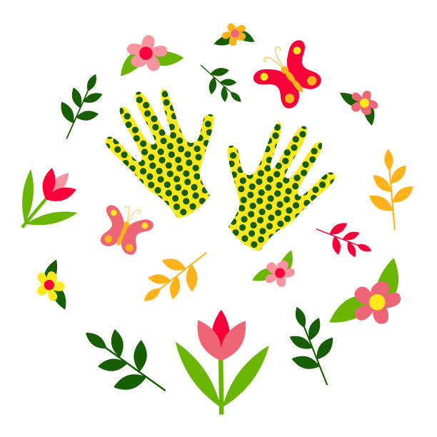 花园橡胶手套。春季集:蝴蝶、花卉、植物。刻字你好春天。平面设计。图片下载