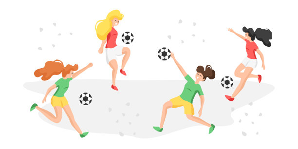 向量组可爱的女足球运动员孤立在白色的背景。快乐的女人踢足球。少女踢球的平面概念。女子足球队踢足球。图片下载