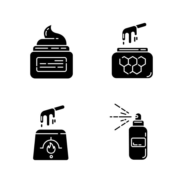 自然上蜡字形图标集。热，软，蜂蜜蜡在罐子里。脱毛设备。用于脱毛的身体喷雾。专业美容化妆品。轮廓符号。向量孤立的插图图片下载