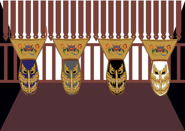 幽灵面具矢量面具，四个面，在木栅栏背景上图片下载