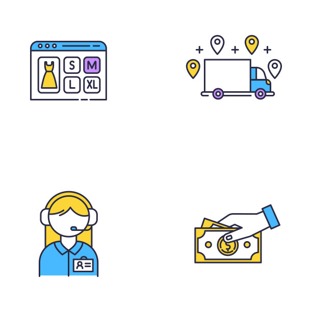 数字商务颜色图标集。在线购物。选择衣服大小。订购交货和付款的现金。客户服务援助。在线商店应用程序。孤立的矢量插图图片下载