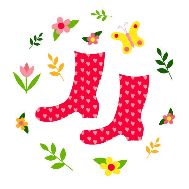 在花园里干活用的胶靴。春天集蝴蝶，花，植物。刻字你好春天。图片下载