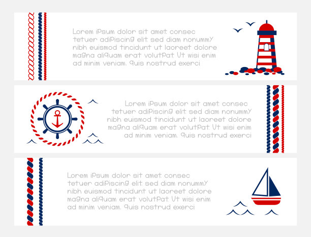 海洋卡片收集。矢量水平飞行在蓝色和红色的颜色。海洋风格的横幅。图片下载