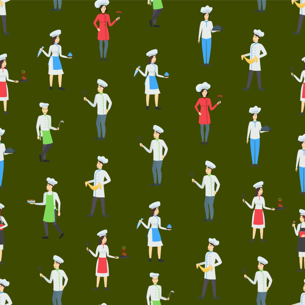 卡通专业烹饪人物人物无缝图案背景。向量图片下载