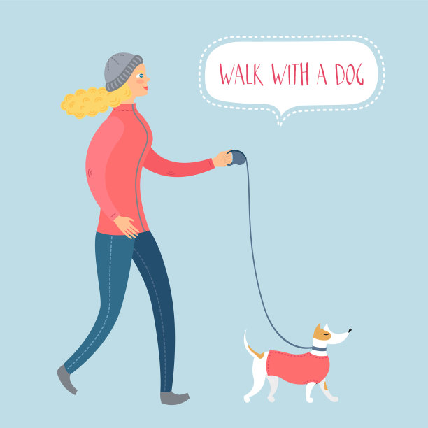 漂亮的女孩穿着冬天的衣服和她的狗散步。图片下载