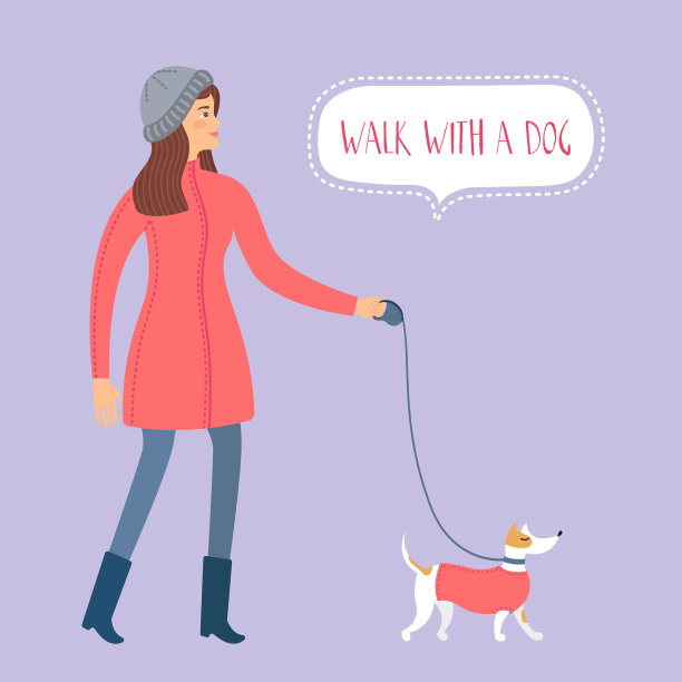 漂亮的女孩穿着冬天的衣服和她的狗散步。图片下载