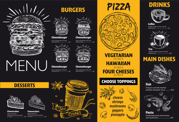 餐厅咖啡厅菜单，模板设计。带有手绘图形的传单。图片下载