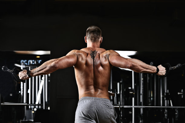 一个人在健身房的模拟器上训练他的手臂和胸部，为不同的肌肉群做锻炼。Fintes动机，运动生活方式，健康，运动身体，身体积极。薄膜颗粒，选择性聚焦图片下载