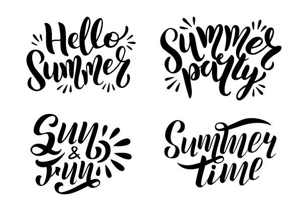 一套标志文字-你好夏天，夏天的时间，派对，太阳和乐趣。图片下载