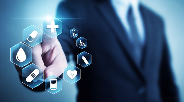 商人手触图标医疗保健，保险福利为您的健康理念图片下载