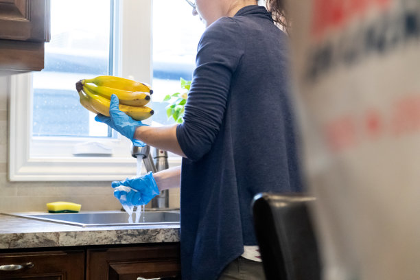 Covid-19危机期间，妇女在家为食品杂货和水果消毒图片下载
