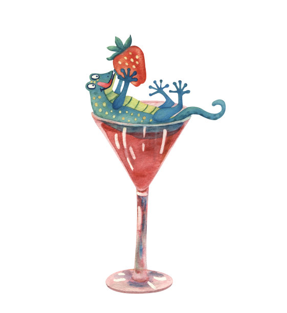 水彩绿松石壁虎在鸡尾酒杯。图片下载