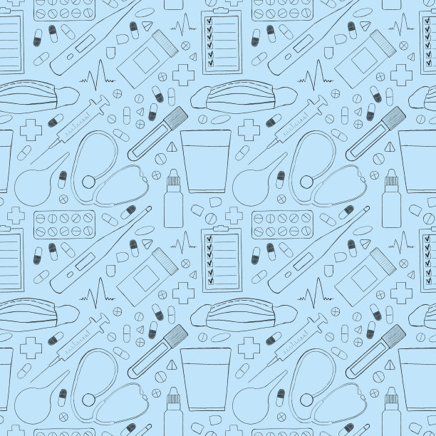 无缝模式医疗用品分散在蓝色背景上。图片下载