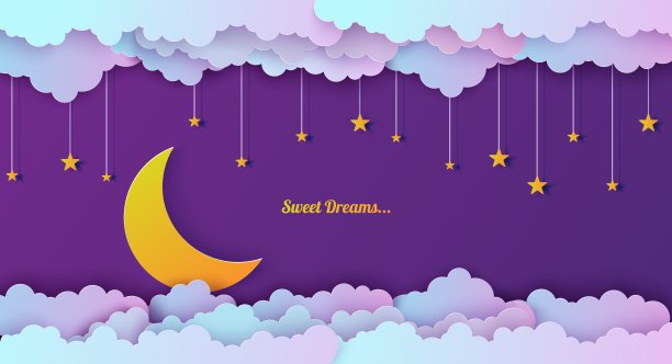 剪纸风格的夜空。剪出3d背景与紫色和蓝色渐变云雾景观与星星和月亮剪纸艺术。可爱的折纸云。向量卡为祝愿晚安甜甜的梦。图片下载
