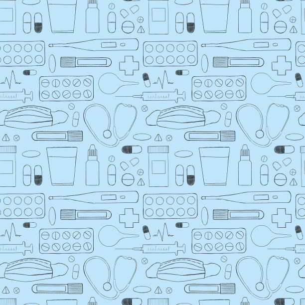 无缝模式医疗用品分散在蓝色背景上。图片下载