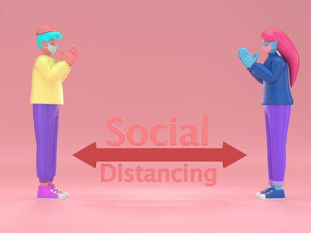 3 d演示。泰围、社交距离、人们保持距离以防范感染风险和疾病、佩戴防护口罩以预防Covid-19病毒。卫生保健的概念。图片下载