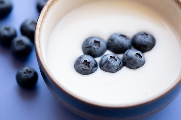 一碗蓝色/紫色背景的蓝莓酸奶图片下载