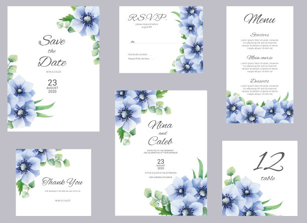 水彩bkue海葵和桉树的婚礼请柬。设置邀请，保存日期，感谢卡，回复，菜单和桌子号码在白色大理石背景。婚礼集。图片下载