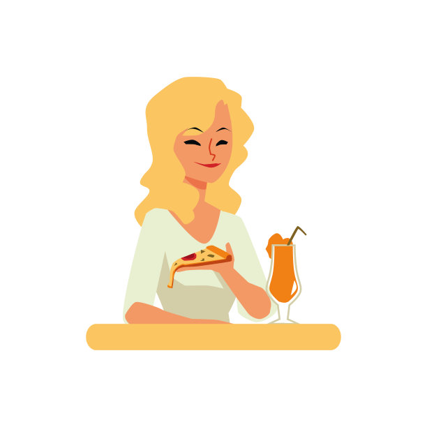 金发女人吃着食物，女孩吃着披萨和橙汁饮料图片下载