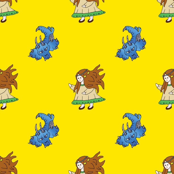 童话世界无缝模式。美丽的公主和飞龙。手绘矢量颜色可爱的背景。包装纸，墙纸，明信片和纺织品的伟大设计。图片下载