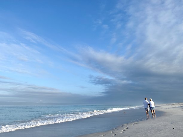 年长的夫妇在海滩上散步图片下载