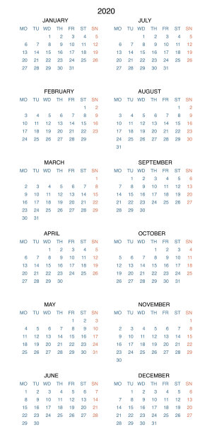 设计日历2020年休闲风格。网站设计，标志，图标，应用程序，UI/UX日历的月签。矢量插图符号的日历。一周从周一开始图片下载