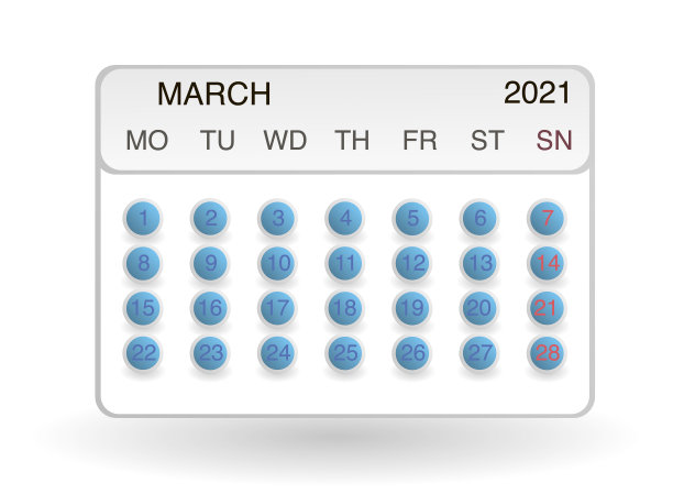 设计日历2021年的时尚风格。网站设计，标志，图标，应用程序，UI/UX日历的月签。矢量插图符号的日历。一周从星期一开始。3月素材图片