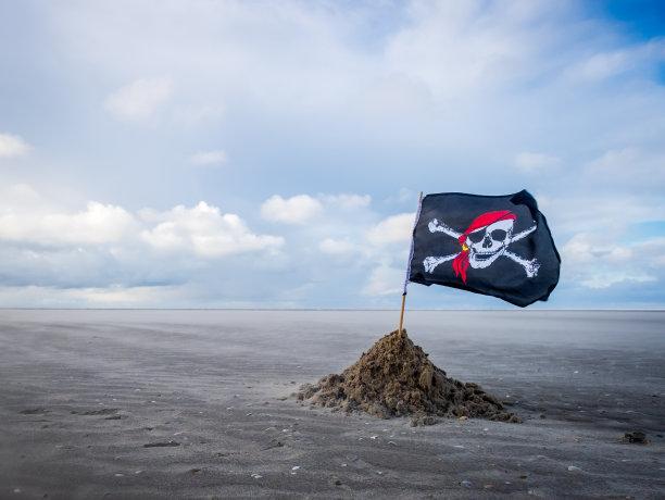 海风吹拂的海滩上挂着一面海盗旗图片下载
