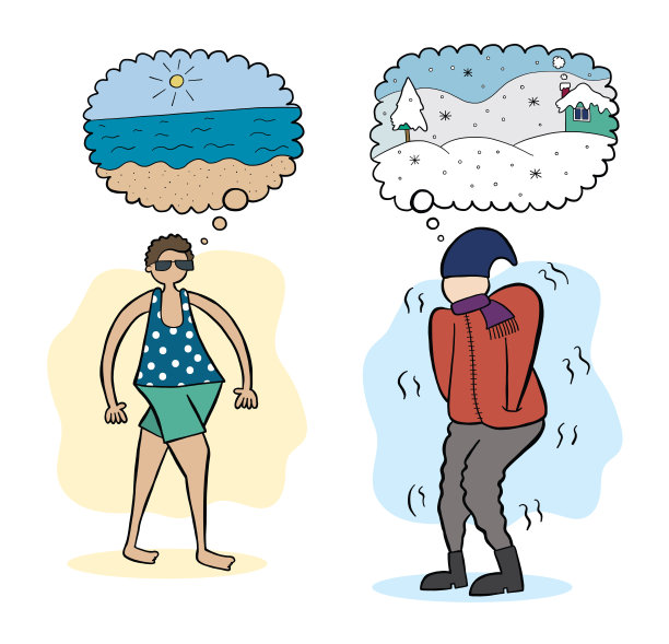 这个人在梦里有一个夏天，穿着夏天的衣服。39、别人梦想的是冬天，而他穿着冬天的衣服却很冷。黑色轮廓,彩色的。图片下载