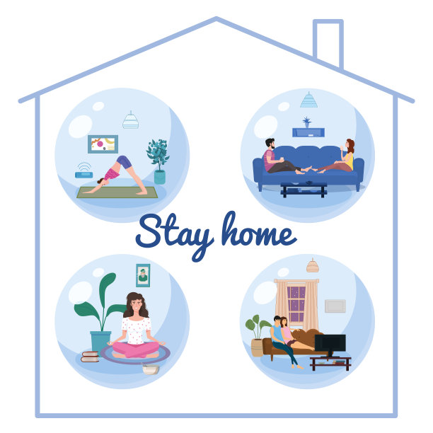 设置居家隔离概念横幅自我隔离。年轻夫妇和妇女们坐在家里喝茶、喝咖啡、练瑜伽、冥想、看电视、看电影。社交媒体宣传和新冠肺炎疫情防控。向量图片下载