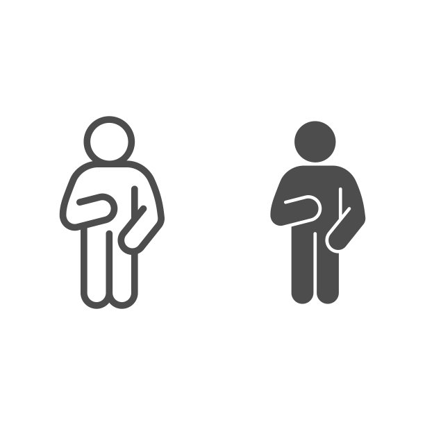 放松男人姿势线条和固体图标。在白色背景上的轮廓式象形图中，右边是手臂向下的人，左边是手臂向上的人。Guy Idler为移动概念和网页设计。矢量图形。图片下载