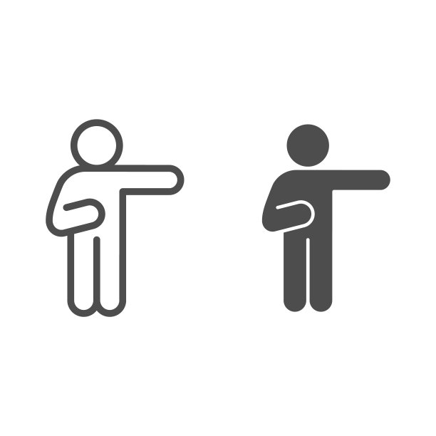 男子用右手指线和立体图标。男子举手指着白色背景上正确的轮廓风格象形图。人体姿态的移动概念和网页设计。矢量图形。图片下载