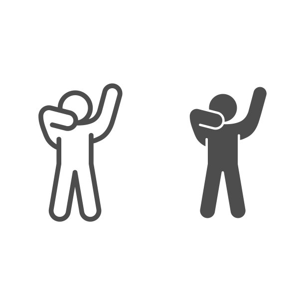 男人剪影摆姿势线条和固体图标。男子高举双手在前面摆造型，白色背景上有轮廓式象形文字。放松男人的移动概念和网页设计。矢量图形。图片下载