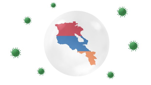 Amenia地图内水晶球保护免受冠状病毒，呆在家里，为家工作，克服病毒爆发，病毒防护概念，在白色背景，隔离图片下载