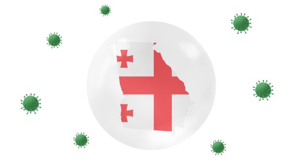 格鲁吉亚地图内水晶球保护免受冠状病毒，呆在家里，为家工作，克服病毒爆发，病毒防护概念，白色背景，隔离图片下载