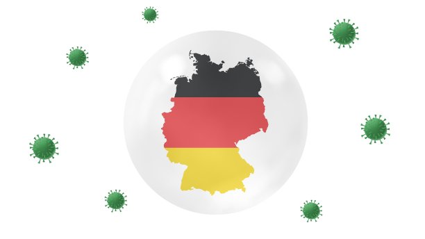 德国地图水晶球内防冠状病毒，呆在家里，为家工作，克服病毒爆发，病毒防护概念，白色背景，隔离图片下载