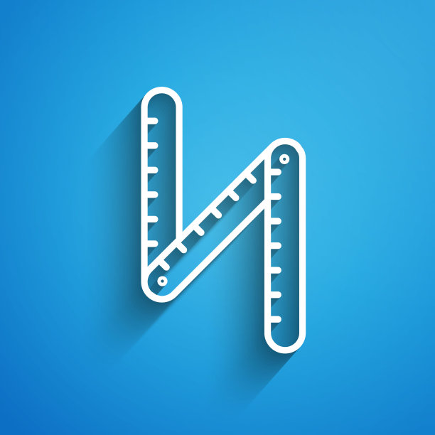 白色线折叠尺图标孤立在蓝色背景。长长的阴影。矢量图图片下载