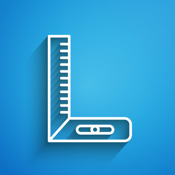 白色线角标尺图标孤立在蓝色背景上。方尺、角尺、木器、量具、刻度。长长的阴影。矢量图图片下载