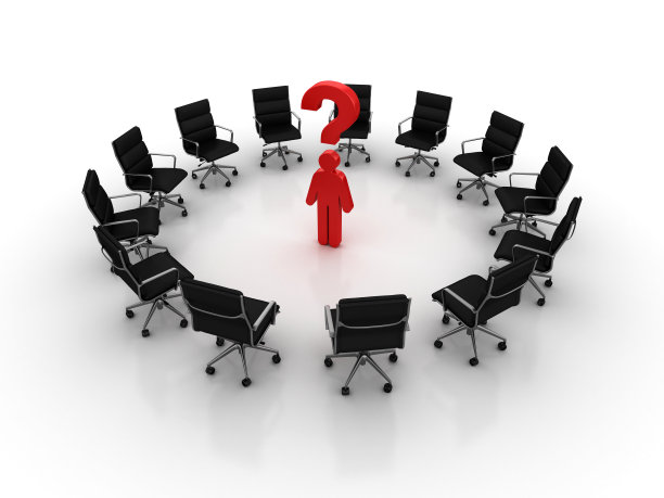 主持与象形人物和问号的团队合作- 3D渲染图片下载