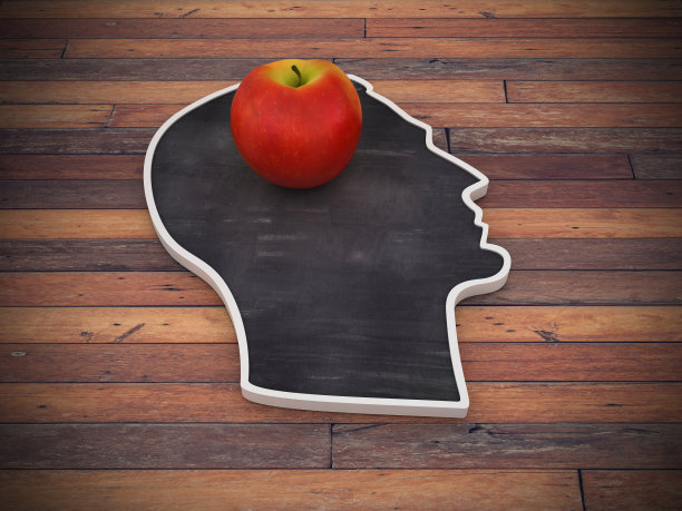 人的头形状与苹果在木地板- 3D渲染图片下载