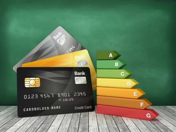 信用卡与能源效率图表在黑板上- 3D渲染图片下载