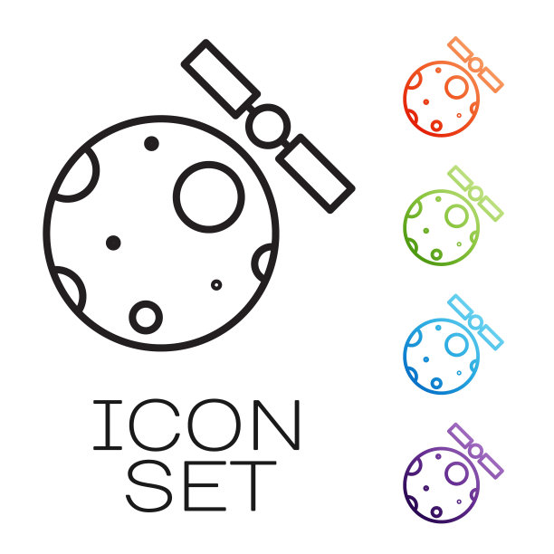 在外层空间绕地球轨道运行的人造卫星，图标孤立在白色背景上。通信、导航的概念。设置图标丰富多彩。矢量图图片下载