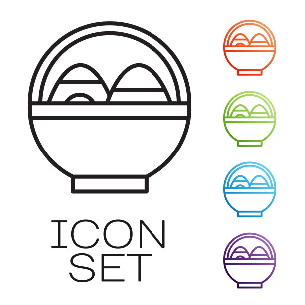 黑色线篮子与复活节彩蛋图标孤立在白色背景。复活节快乐。设置图标丰富多彩。矢量图图片下载