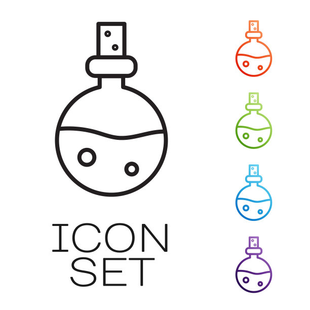 黑色线条瓶与爱情药水图标孤立在白色背景。情人节的象征。设置图标丰富多彩。矢量图图片下载