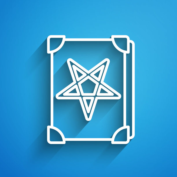 白色线古老的魔法书与炼金术配方和神秘的咒语和结界图标孤立在蓝色的背景。长长的阴影。矢量图图片下载