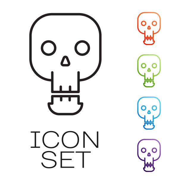 黑线骷髅图标孤立在白色背景。快乐的万圣节派对。设置图标丰富多彩。矢量图图片下载