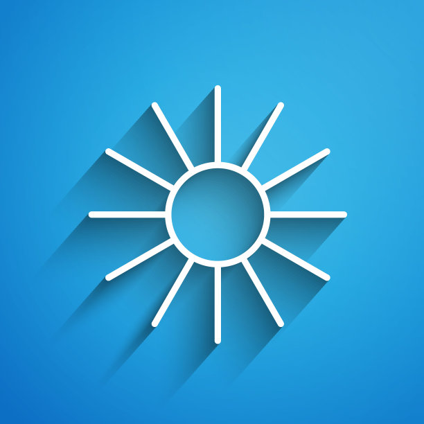 白色线太阳图标孤立在蓝色背景。夏天的象征。好晴天。长长的阴影。矢量图图片下载